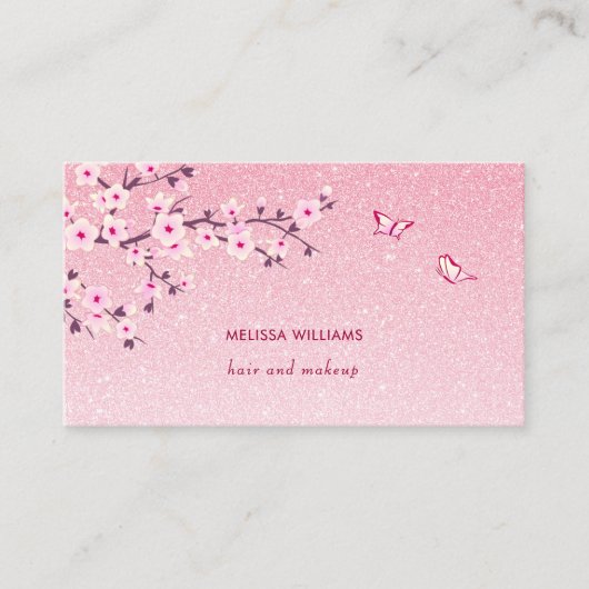 Floral Cherry Blossom Pink Glitter QR Code Visitekaartje (Voorkant)