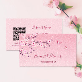Floral Cherry Blossom Pink Glitter QR Code Visitekaartje