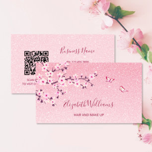 Floral Cherry Blossom Pink Glitter QR Code Visitekaartje
