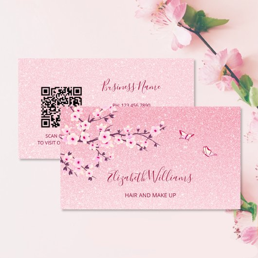 Floral Cherry Blossom Pink Glitter QR Code Visitekaartje