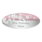 Floral Cherry Blossom Pink Glitter Silver Naambadge (Voorkant)