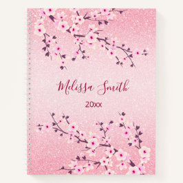Floral Cherry Blossom Pink Glitter Voeg Naam toe Notitieboek
