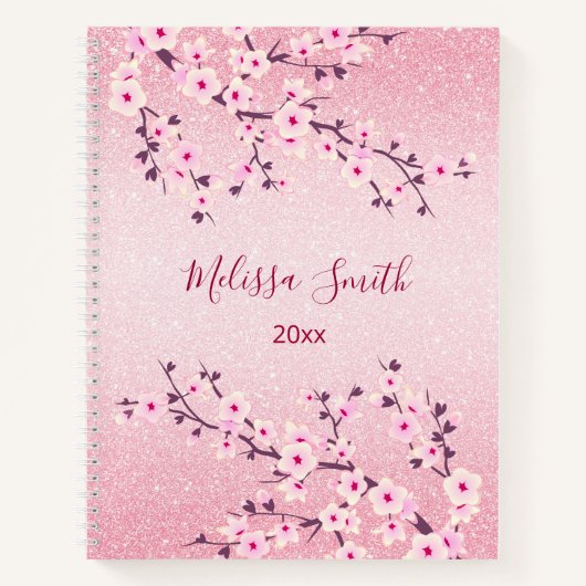 Floral Cherry Blossom Pink Glitter Voeg Naam toe Notitieboek (Voorkant)