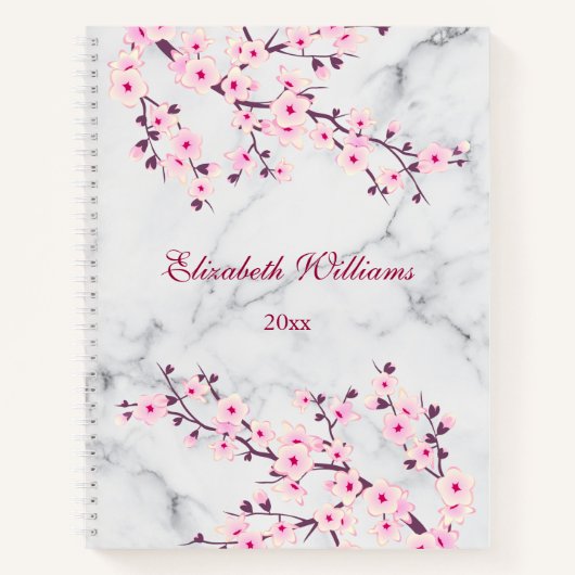 Floral Cherry Blossom Pink Gray Marmer Name Notitieboek (Voorkant)