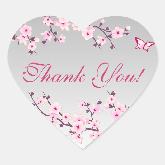 Floral Cherry Blossom Pink Grey Baby shower Heart Hart Sticker (Voorkant)