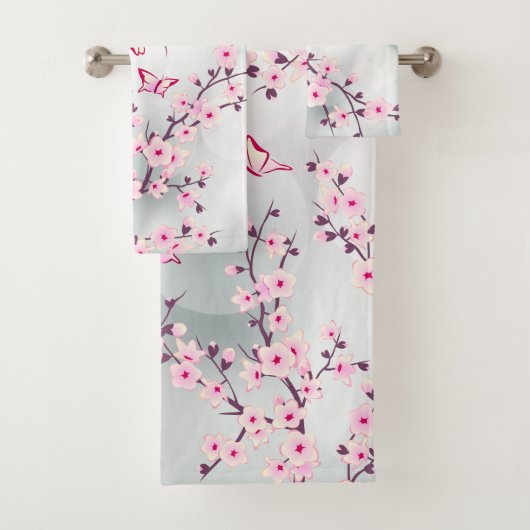 Floral Cherry Blossom Pink Grey Bad Handdoek (Insitu)