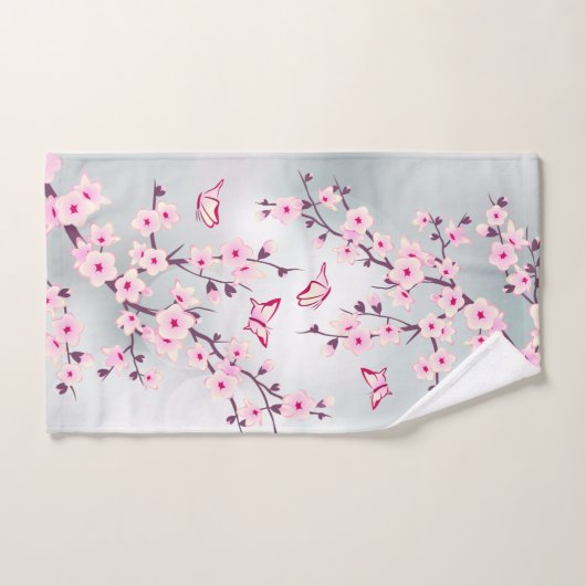 Floral Cherry Blossom Pink Grey Bad Handdoek (Handdoek)