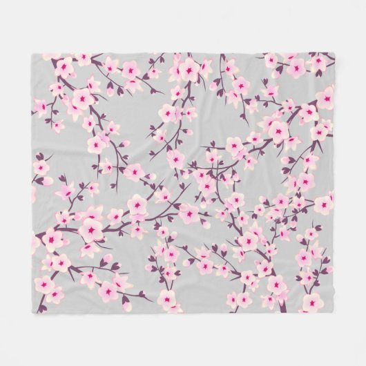 Floral Cherry Blossom Pink Grey Fleece Deken (Voorkant (Horizontaal))
