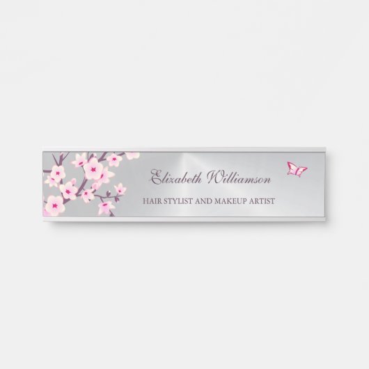 Floral Cherry Blossom Pink Grey Kantoor Deurbordje (Voorkant)