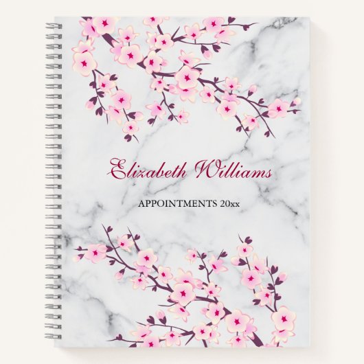 Floral Cherry Blossom Pink Grey Marble Add Name Notitieboek (Voorkant)