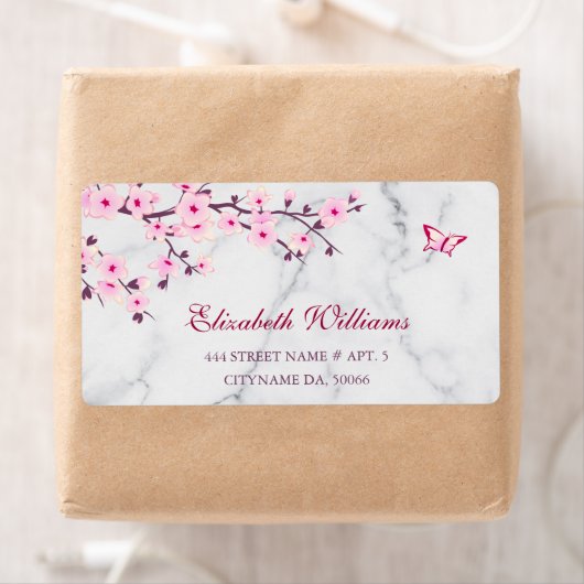 Floral Cherry Blossom Pink Grey Marble Etiket (Insitu)