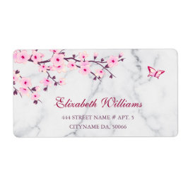 Floral Cherry Blossom Pink Grey Marble Etiket