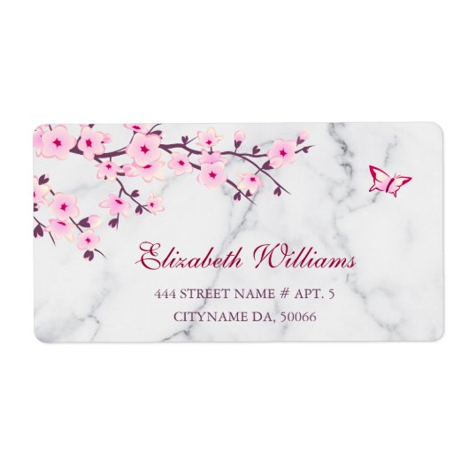 Floral Cherry Blossom Pink Grey Marble Etiket (Voorkant)
