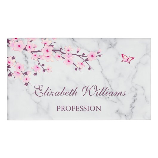 Floral Cherry Blossom Pink Grey Marble Naambadge (Voorkant)