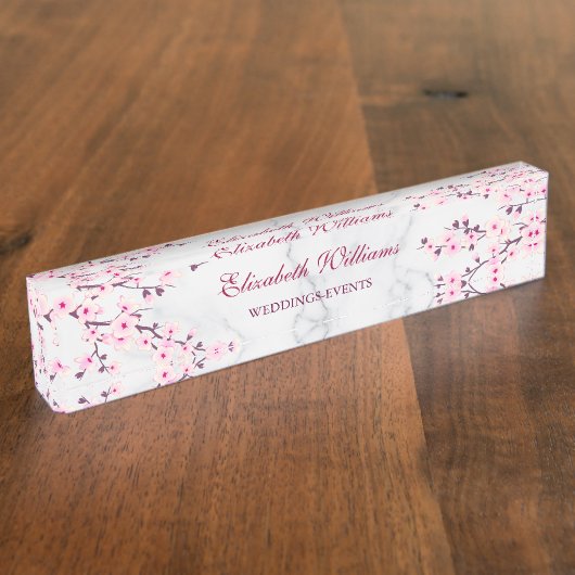 Floral Cherry Blossom Pink Grey Marble Naambordje (Zijkant)