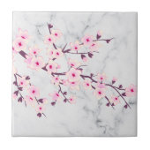 Floral Cherry Blossom Pink Grey Marble Tegeltje (Voorkant)