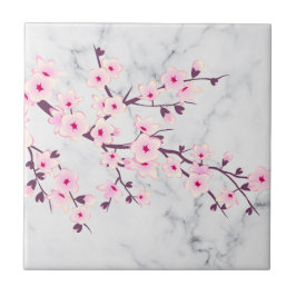 Floral Cherry Blossom Pink Grey Marble Tegeltje