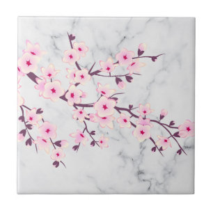 Floral Cherry Blossom Pink Grey Marble Tegeltje