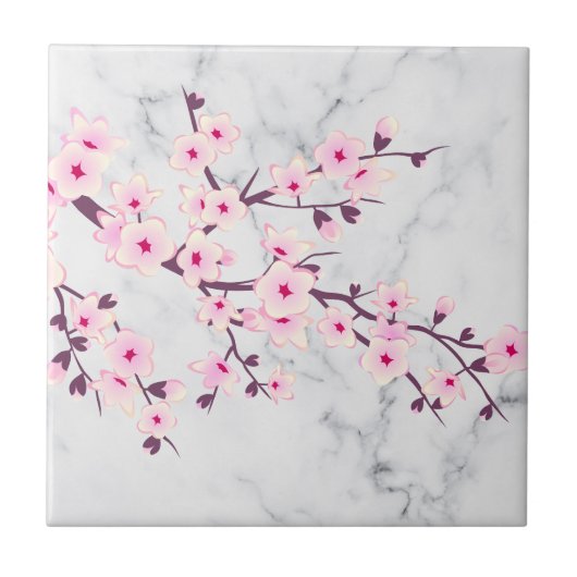 Floral Cherry Blossom Pink Grey Marble Tegeltje (Voorkant)