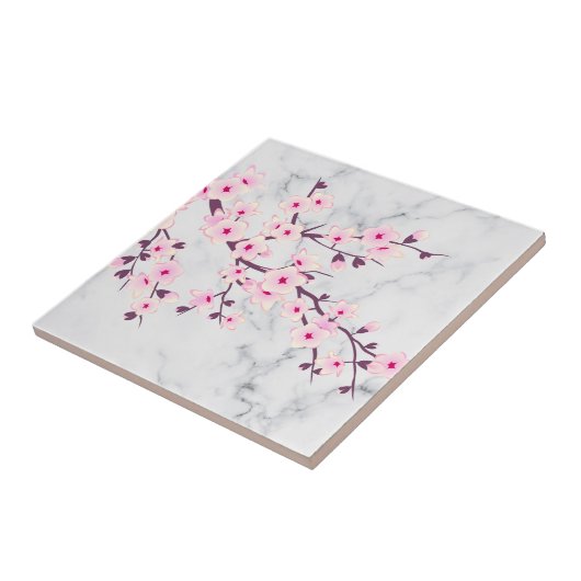 Floral Cherry Blossom Pink Grey Marble Tegeltje (Zijkant)
