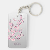 Floral Cherry Blossom Pink Grey Naam toevoegen Sleutelhanger (achterkant)
