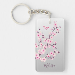 Floral Cherry Blossom Pink Grey Naam toevoegen Sleutelhanger