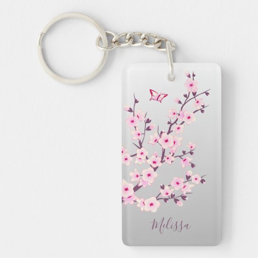 Floral Cherry Blossom Pink Grey Naam toevoegen Sleutelhanger (Voorkant)