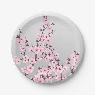 Floral Cherry Blossom Pink Grey Papieren Bordje