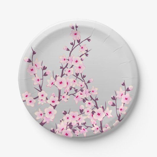 Floral Cherry Blossom Pink Grey Papieren Bordje (Voorkant)
