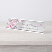 Floral Cherry Blossom Pink Grey Salon Bureau Naambordje (Voorkant)