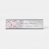 Floral Cherry Blossom Pink Grey Salon Bureau Naambordje (Voorkant)