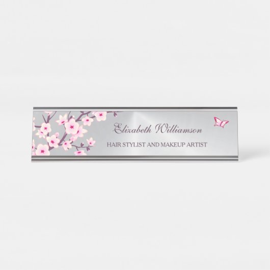 Floral Cherry Blossom Pink Grey Salon Bureau Naambordje (Voorkant)