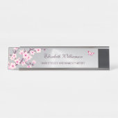 Floral Cherry Blossom Pink Grey Salon Bureau Naambordje (Voorkant)