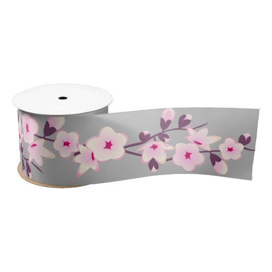 Floral Cherry Blossom Pink Grey Satijnen Lint (Spoel)