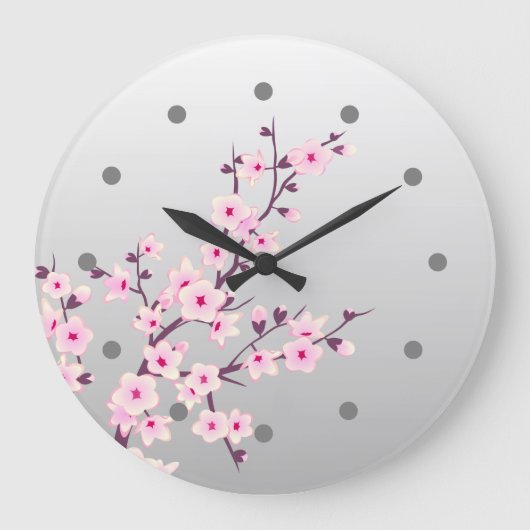 Floral Cherry Blossom Pink Grey Wall Clock Grote Klok (Voorkant)