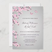 Floral Cherry Blossom Pink Grey Wedding Kaart (Voorkant)
