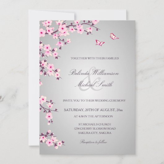 Floral Cherry Blossom Pink Grey Wedding Kaart (Voorkant)