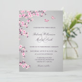 Floral Cherry Blossom Pink Grey Wedding Kaart (Staand voorkant)