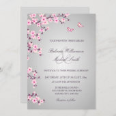 Floral Cherry Blossom Pink Grey Wedding Kaart (Voorkant / Achterkant)