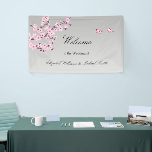 Floral Cherry Blossom Pink Grey Wedding Spandoek (Beurs)