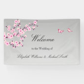 Floral Cherry Blossom Pink Grey Wedding Spandoek (Horizontaal)