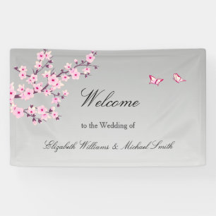 Floral Cherry Blossom Pink Grey Wedding Spandoek