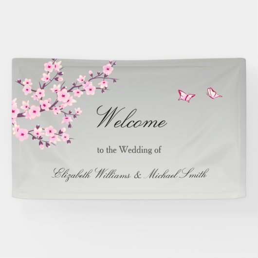 Floral Cherry Blossom Pink Grey Wedding Spandoek (Horizontaal)