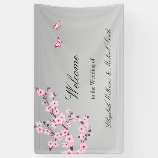 Floral Cherry Blossom Pink Grey Wedding Spandoek (Verticaal)