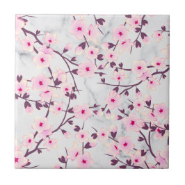 Floral Cherry Blossom Pink Light Grey Marble Tegeltje