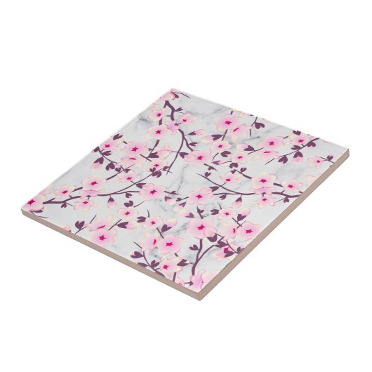 Floral Cherry Blossom Pink Light Grey Marble Tegeltje (Zijkant)