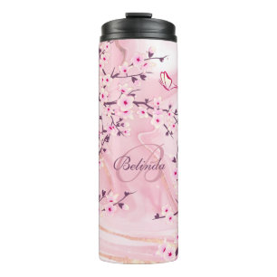 Floral Cherry Blossom Pink Marble Name Monogram Thermosbeker