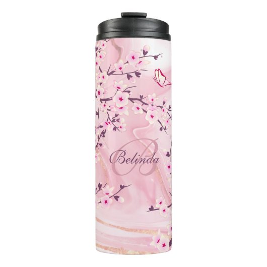 Floral Cherry Blossom Pink Marble Name Monogram Thermosbeker (Voorkant)