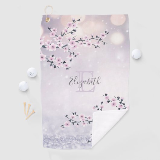 Floral Cherry Blossom Pink Mauve Glitter Monogram Golfhanddoek (Insitu)