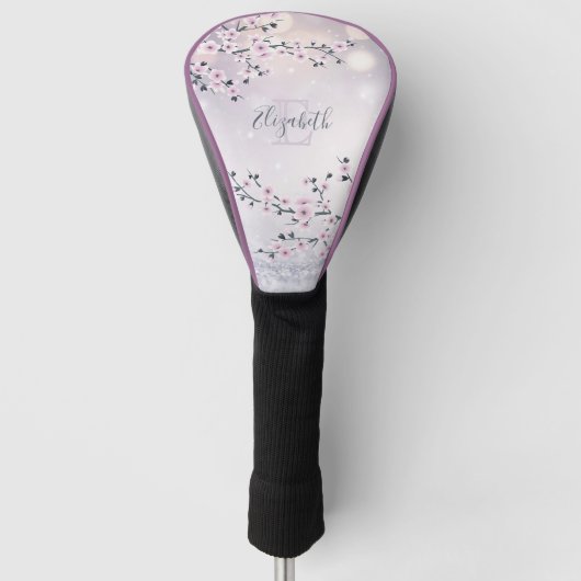 Floral Cherry Blossom Pink Mauve Glitter Monogram Golfheadcover (Voorkant)
